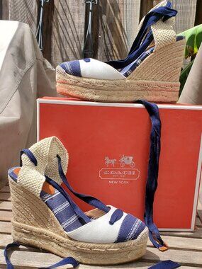 Coach Cream and Blue Ankle Tie Size 6 Wedge Sandals